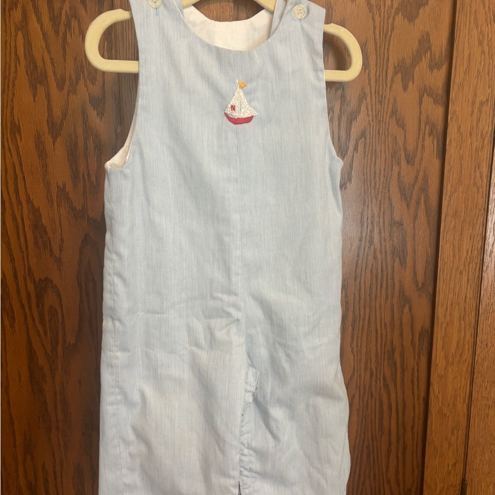 Vintage searsucker Sleeveless Boys Romper with Navy Sailboat Embroidery